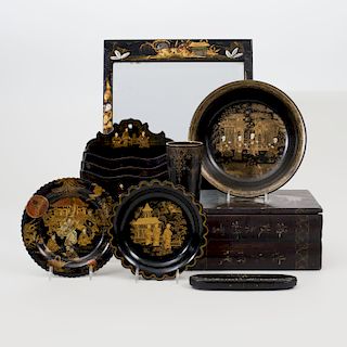 Group of Parcel-Gilt and Black Lacquer Chinoiserie Dressing and Desk Wares