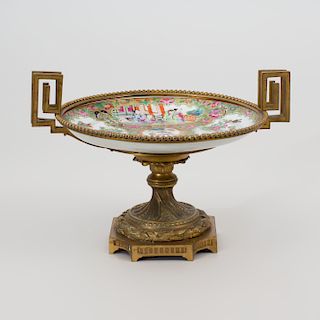 Chinese Export Canton Famille Rose Porcelain Gilt Metal-Mounted Tazza