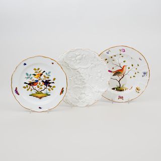 Two Meissen Porcelain Plates Decorated with Birds and a Meissen Flower Molded Porcelain Plate