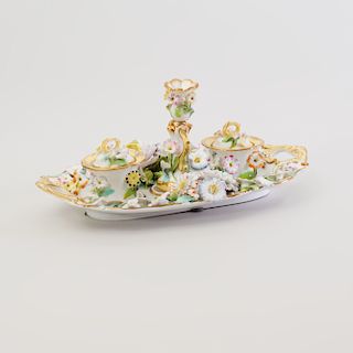 English Flower Encrusted Porcelain Encrier