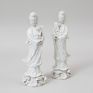 Pair Chinese White Glazed Porcelain Figures of Guanyin