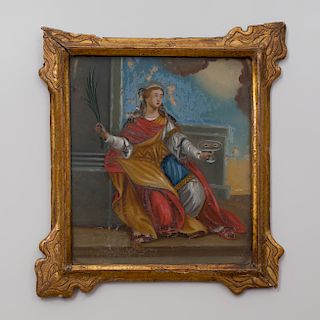 Continental Reverse Glass Painting of a Saint