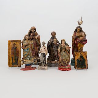 Group of Six Painted Santos Figures and Two Icons