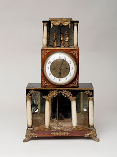 Austrian Neoclassical Gilt-Metal Mounted Fruitwood Clock with Automaton Group