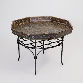 Victorian Style Painted Papier Mâché Hexagonal Tray on Later Faux Bamboo Stand