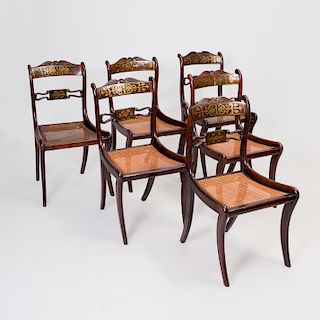 Set of Six Regency Style Brass Inlaid Mahogany Caned Dining Chairs