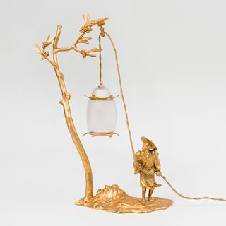 Mathieu Lustrerie Gilt-Bronze and Glass Chinoiserie Lamp