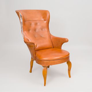 Frits Henningsen Style Fruitwood and Leather High-Back Armchair 