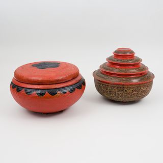 Two Thai Painted Lacquer Storage Baskets
