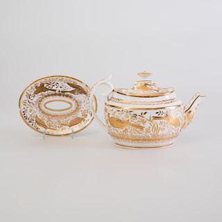 English Gilt-Decorated Porcelain Teapot, Cover, and Stand
