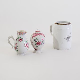 Chinese Export Porcelain Mug, Milk Jug, and a Tea Caddy and a Cover