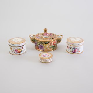 Group of Four English Gilt and Flower Decorated Porcelain Table Articles