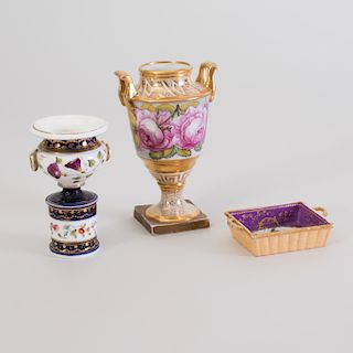 Two Small English Porcelain Urns and a Basket