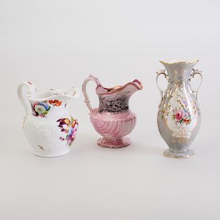 English Lusterware Pitcher, a Molded Porcelain Pitcher, and a Grey Ground Porcelain Spill Vase 