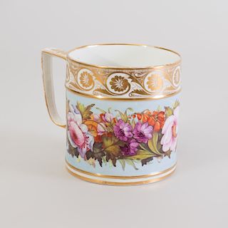 Large Derby Porcelain Blue Ground Mug Decorated with Flowers