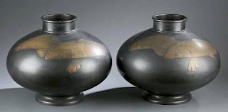 Pair of metal vases w/ bronze carps.
