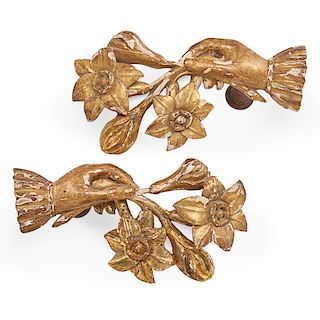 PAIR OF CARVED AND GILDED TIE-BACKS