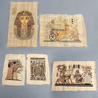 Lote de 5 papiros. Firmas sin identificar. Egipto. S.XX. Tinta sobre papel. Con esmalte dorado y plateado. Diferentes representaciones.