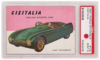 World on Wheels. Cisitalia Italian Sports Car. Estados Unidos, ca. 1954. Tarjeta, 6.7 x 9.6 cm., en estuche protector, 8.2 x 13.2 cm.