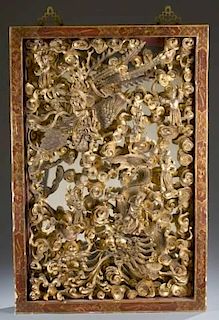 Chinese carved, lacquered, and gilt wood panel.
