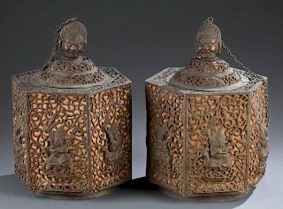 Pair of 19th century Tibetan brass lanterns.