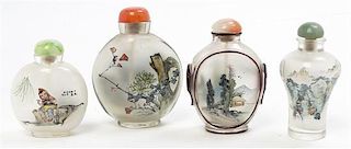 Four Interior Painted Glass Snuff Bottles, Height of tallest 3 inches.