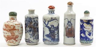 Five Porcelain Snuff Bottles, Height of tallest 3 1/2 inches.