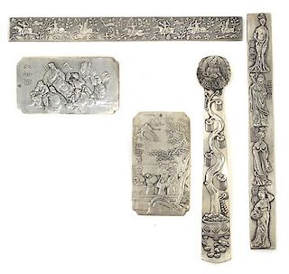Five Chinese Silver Scroll Weights, Length of longest 9 inches.