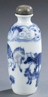 A Chinese blue, red & white porcelain snuff bottle