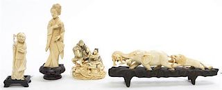 Four Chinese Ivory Articles, Length of longest 8 1/4 inches.