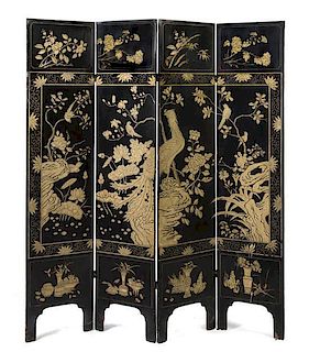 * A Chinese Lacquered Four-Panel Floor Screen, Height 72 1/2 x width of each panel 16 inches.
