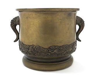 A Chinese Bronze Handled Censer, Height 8 7/8 inches.