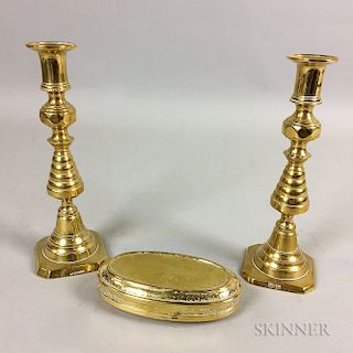 Pair of English Brass Beehive Candlesticks and an Engraved Brass Tobacco Box