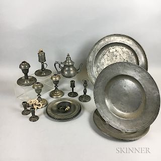 Group of Pewter Tableware and Lighting