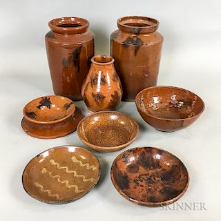 Nine Pieces of Glazed Redware Pottery