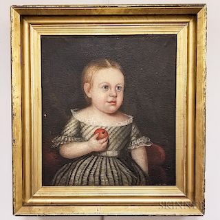 American School, 19th Century  Portrait of a Child with an Apple