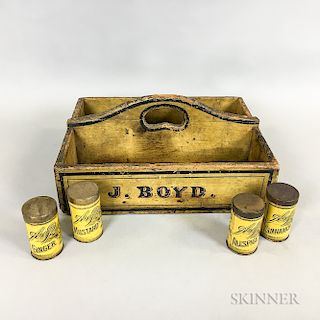 Carved and Yellow-painted Pine "J. Boyd" Carrier and Four A&P Spice Tins
