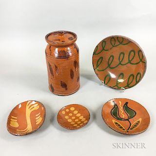 Four Shooner Slip-decorated Redware Dishes and a Sgrafitto-decorated Jar