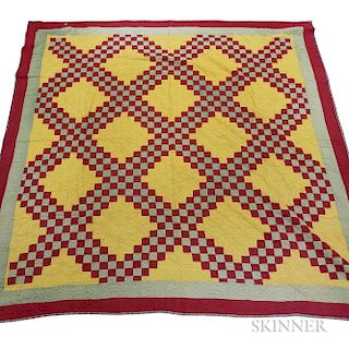 Pieced Cotton "Double Irish Chain" Quilt and an Overshot Coverlet