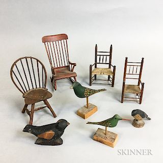 Four Miniature Turned Chairs and Four Small Bird Carvings.  Estimate $100-150