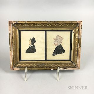 Framed Watercolor Double Profile Portrait Miniature of a Man and Wife