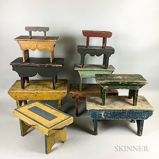 Eleven Painted Pine Cricket Stools