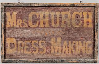 Painted and Stenciled "Mrs. Church/Dress Making" Trade Sign