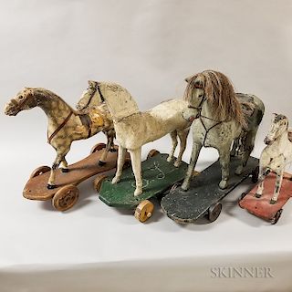 Four Polychrome Painted Wood Horse Pull Toys