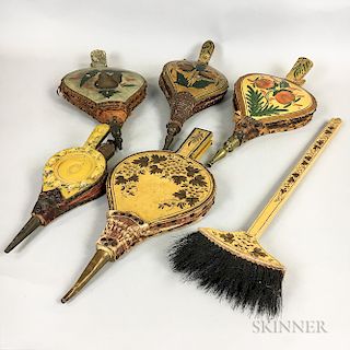 Five Pairs of Polychrome Painted Wood and Brass Bellows and a Broom
