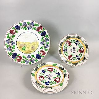 Six Transfer-decorated Spatterware Dinner Plates and a Charger