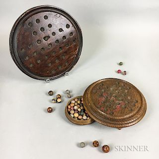 Two Round Carved Oak Mill Games and Marbles