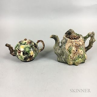 Two Staffordshire Tortoiseshell-glazed Creamware Teapots