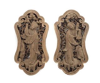 A Pair of Chinese Carved Wood Architectural Elements, Height 10 inches.