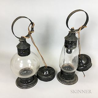 Two Pierced Tin and Glass Hanging Lanterns